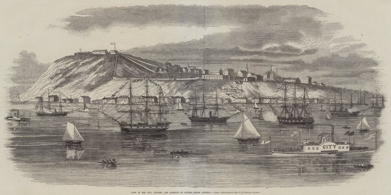 Vy över staden, citadellet och hamnen i Quebec, Nordamerika (gravyr) av English School