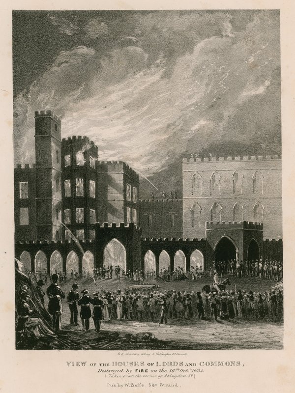 Utsikt över Houses of Lords and Commons, förstört av brand den 16 oktober 1834 av English School
