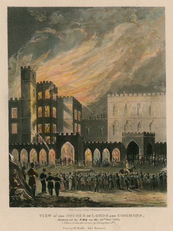 Utsikt över Houses of Lords and Commons, förstört av brand den 16 oktober 1834 av English School