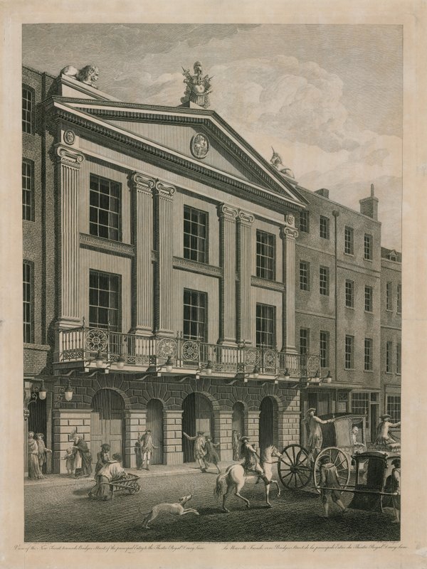 Utsikt över den nya fronten, mot Bridges Street, över huvudentrén till Theatre Royal Drury Lane av English School