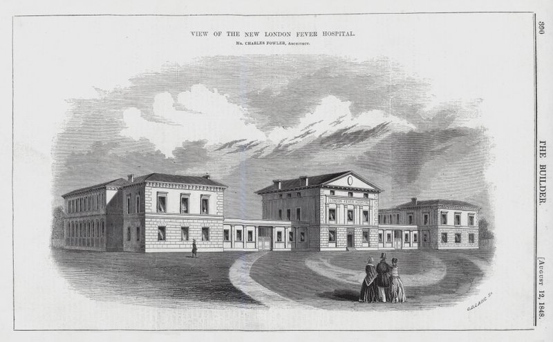 Utsikt över New London Fever Hospital (gravyr) av English School