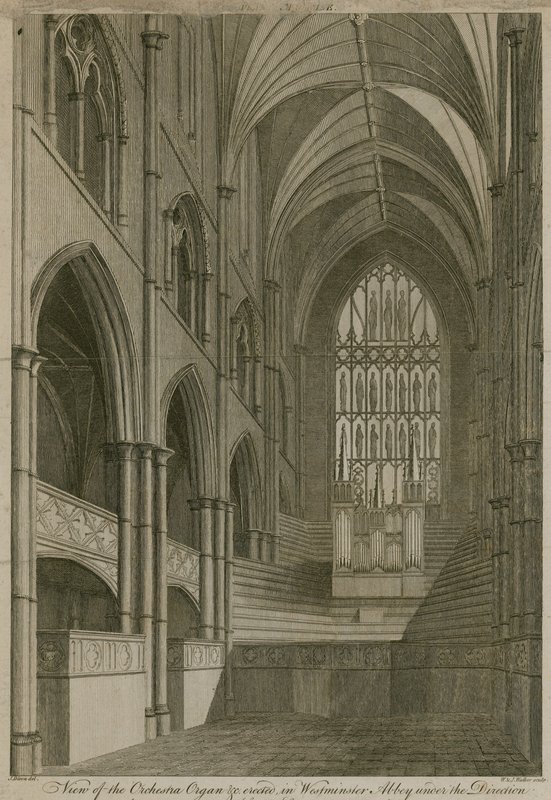 Utsikt över orkesterorgeln etc uppförd i Westminster Abbey, London av English School