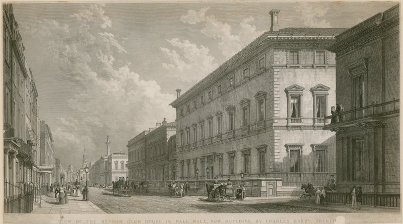 Utsikt över Reform Club House i Pall Mall, som nu byggs, av Charles Barry, arkitekt av English School