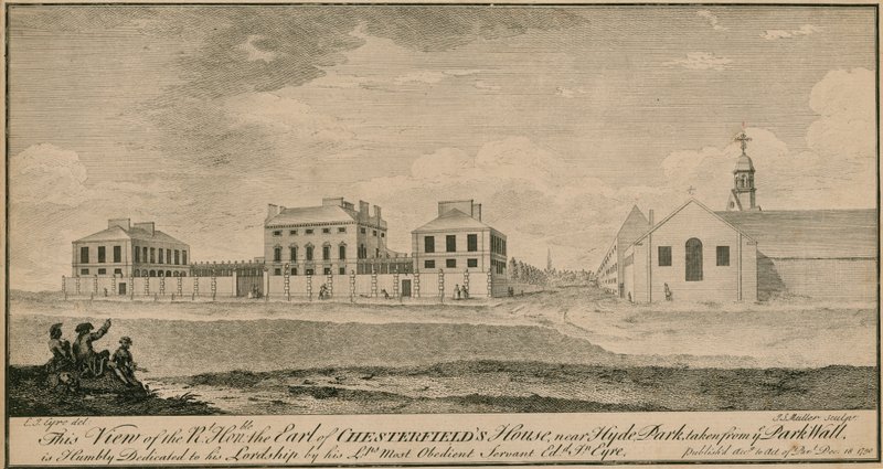 Vy över det högra Hon the Earl of Chesterfields hus nära Hyde Park, taget från Park Wall av English School