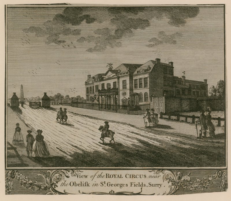 Vy över den kungliga cirkusen nära obelisken i St Georges Fields, Surry av English School