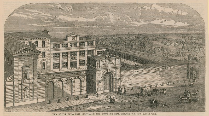 Utsikt över Royal Free Hospital i Grays Inn Road, som visar den nya Sussex Wing av English School
