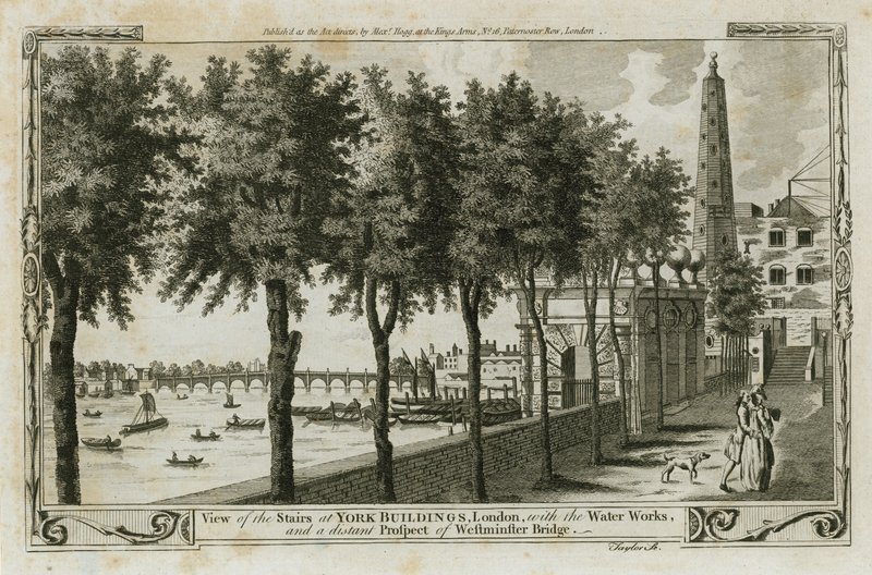 Utsikt över trappan i York Buildings, London med Water Works och den avlägsna utsikten över Westminster Bridge av English School