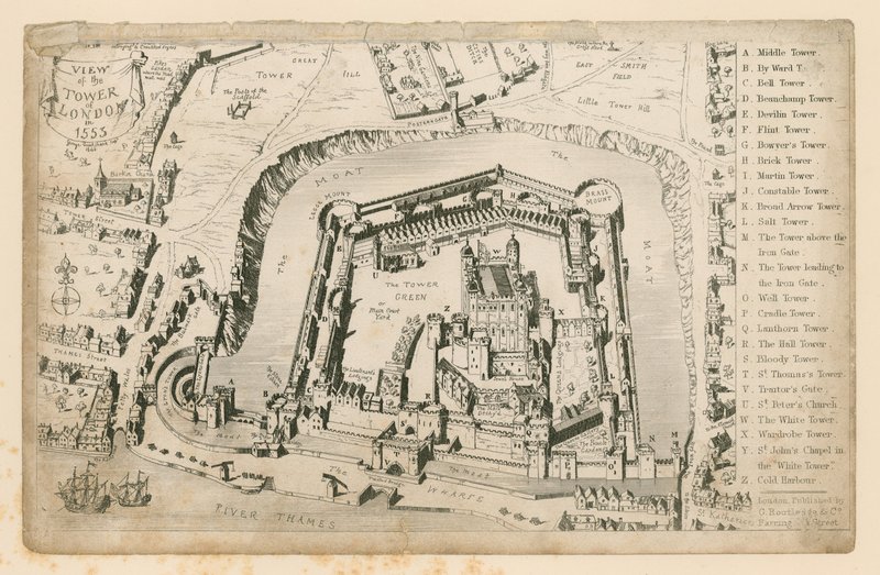 Utsikt över Tower of London 1553 av English School