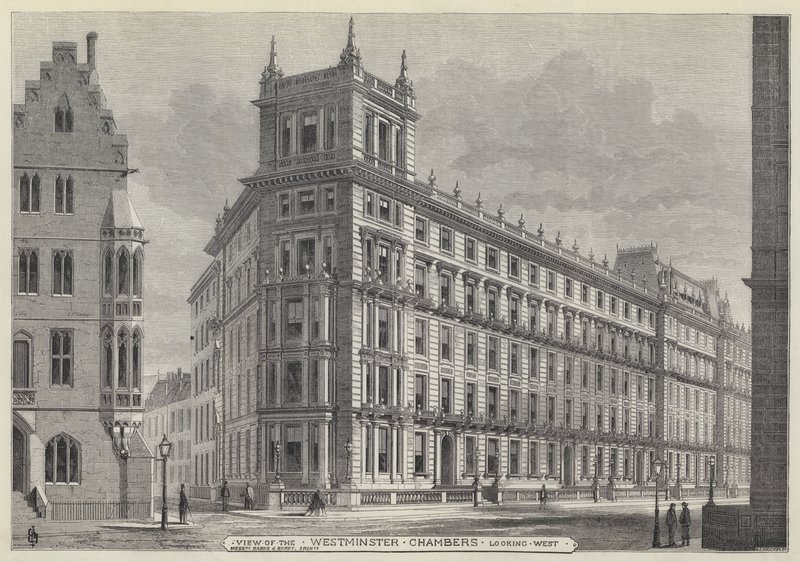 Vy över Westminster Chambers, tittar västerut (gravyr) av English School