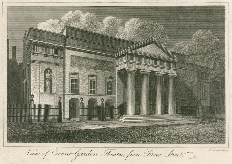 Utsikt över Covent Garden Theatre, London, från Bow Street av English School