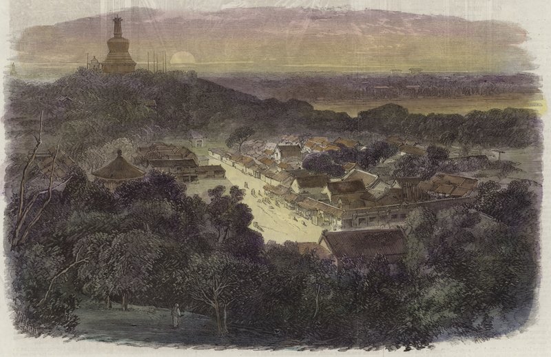 Utsikt över trädgårdarna och det buddhistiska templet i den kejserliga staden av English School