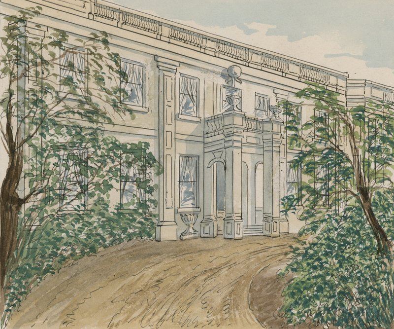 Utsikt över huset vid Palace Green nr 2, Kensington, där Thackery dog (wc på papper) av English School