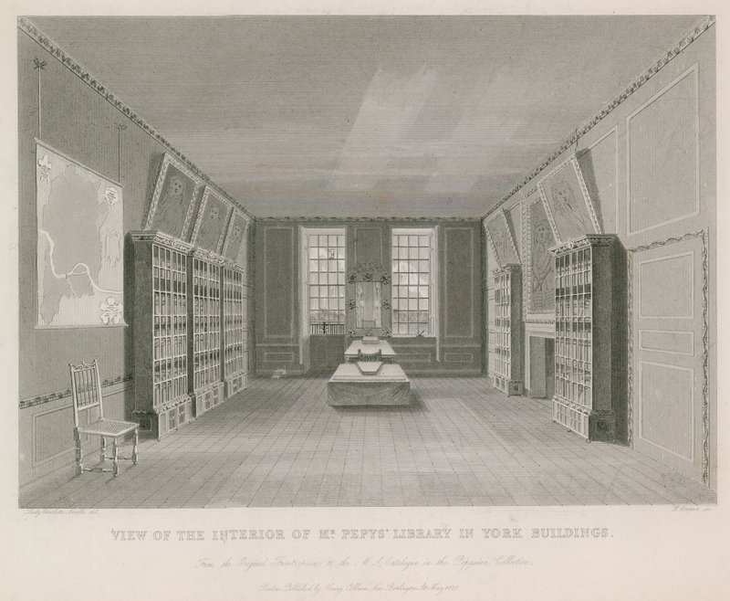 Vy över interiören av Mr Pepys bibliotek i York Building av English School