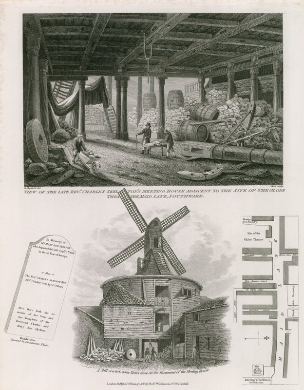 Utsikt över framlidne pastor Charles Skeltons möteshus intill platsen för Globe Theatre av English School