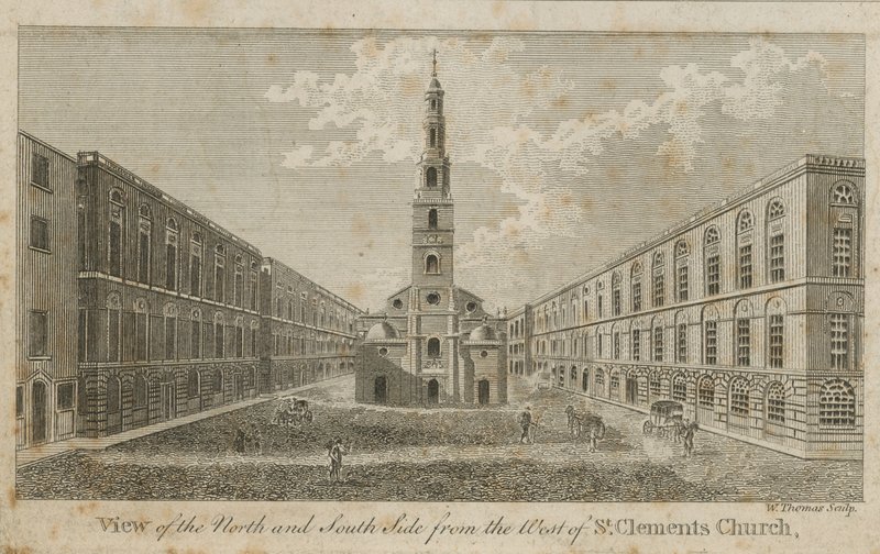 Utsikt över norra och södra sidan från väster om St Clements Church av English School