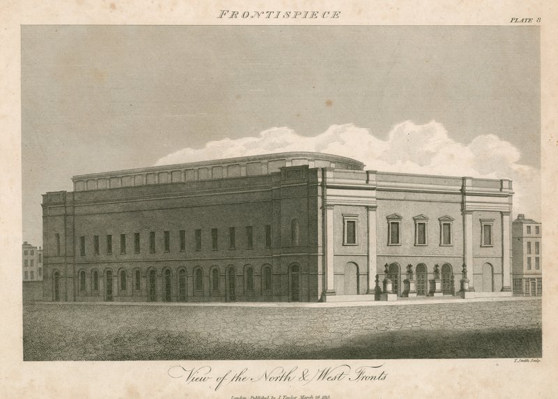 Utsikt över norra och västra fronterna av Drury Lane Theatre, London av English School