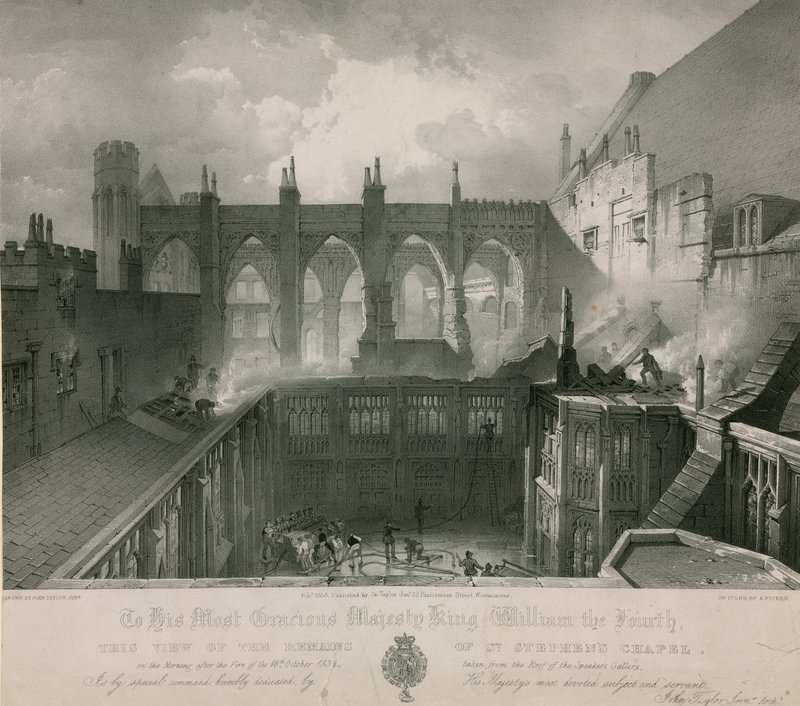 Utsikt över resterna av St Stephens Chapel på morgonen efter branden av English School