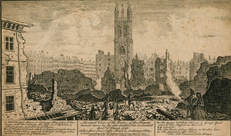 Utsikt över ruinerna av de hus som brann ner av branden i Cornhill, London, den 25 mars 1748 av English School