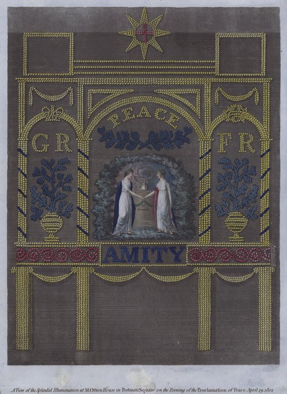 Utsikt över den fantastiska belysningen vid M Ottos hus på Portman Square, London, på fredsförkunnandets kväll den 29 april 1802 (färgad gravyr) av English School