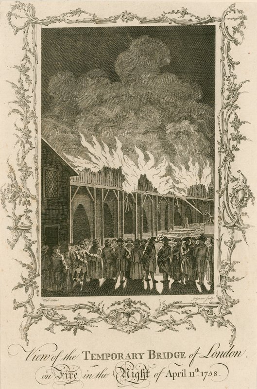 Utsikt över Londons tillfälliga bron i brand natten till den 11 april 1758 av English School