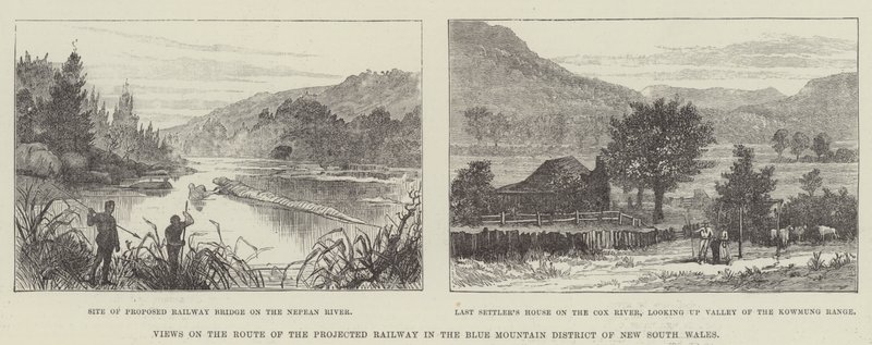 Utsikt över rutten för den beräknade järnvägen i Blue Mountain District i New South Wales (gravyr) av English School