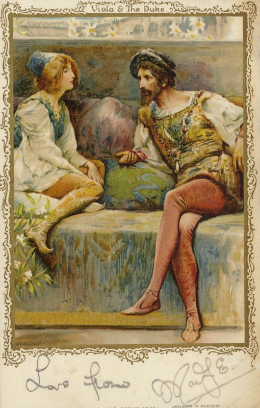 Viola och hertigen i William Shakespeares spelar Twelfth Night av English School