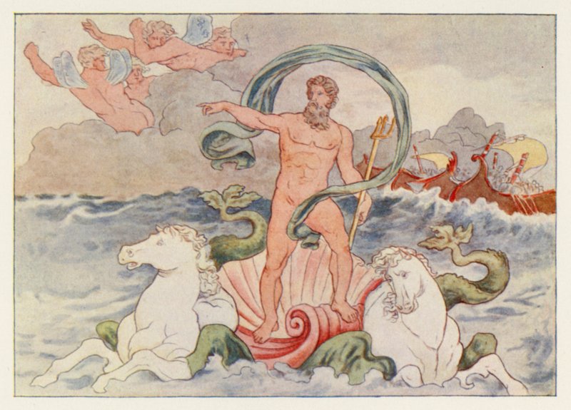Virgils Aeneid: Neptunus stillar vågorna (färg litho) av English School