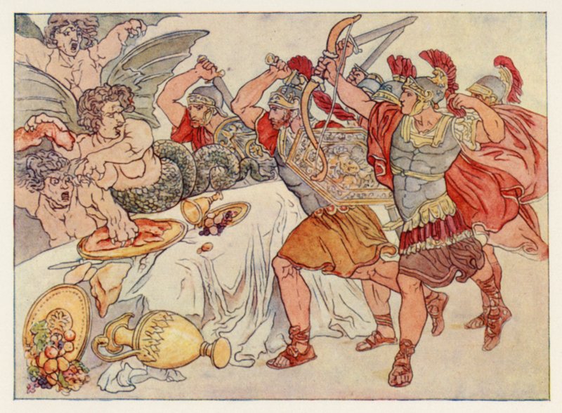 Virgils Aeneid: Harpierna (färg litho) av English School