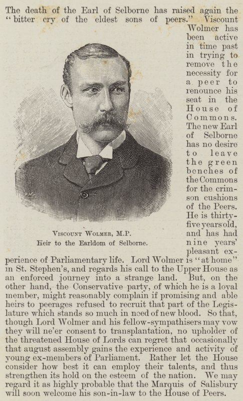Viscount Wolmer, MP, arvtagare till jarldömet Selborne (gravyr) av English School