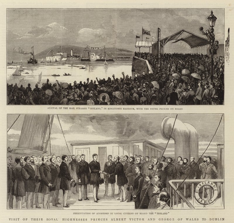 Besök av deras kungliga högheter prinsarna Albert Victor och George av Wales i Dublin (gravyr) av English School