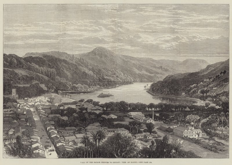 Sjömansprinsarnas besök på Ceylon, utsikt över Kandy (gravyr) av English School
