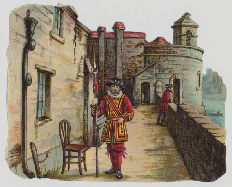 Besök i Tower of London, viktoriansk skrotning (färglitografi) av English School