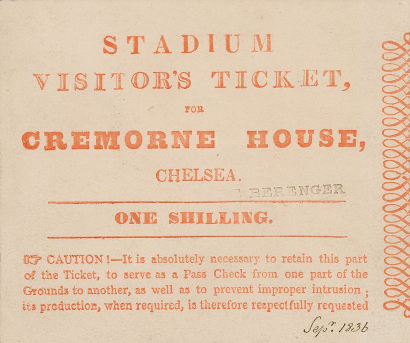 Besöksbiljett till The Stadium, Cremorne House, London, september 1836 av English School