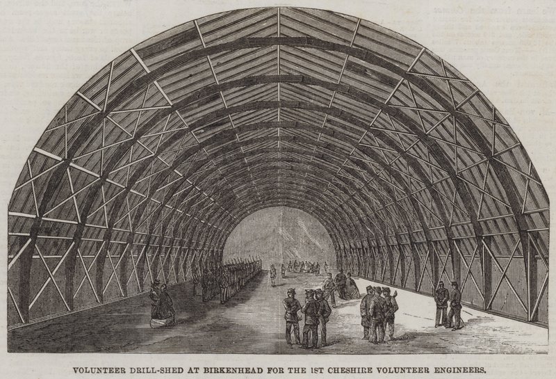 Frivilligt borrskjul i Birkenhead för de första Cheshire Volunteer Engineers (gravyr) av English School