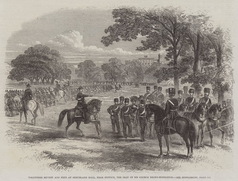 Volontärgranskning och fest i Shrubland Hall, nära Ipswich, säte för Sir George Broke-Middleton (gravyr) av English School