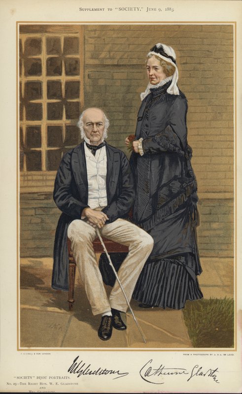 W E Gladstone och Mrs Gladstone (färglitografi) av English School