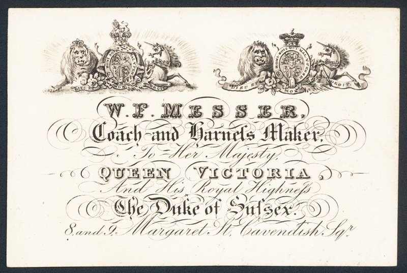 W F Messer, buss och seletillverkare till hennes majestät drottning Victoria och hertigen av Sussex, handelskort av English School