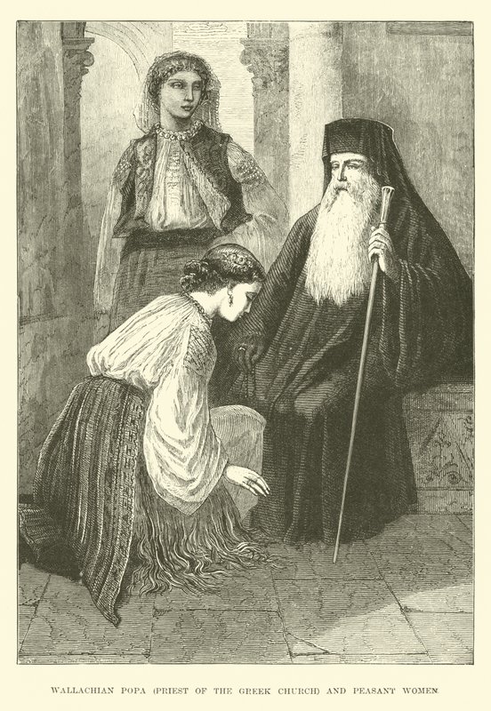 Wallachian popa, präst i den grekiska kyrkan och bondekvinnor av English School