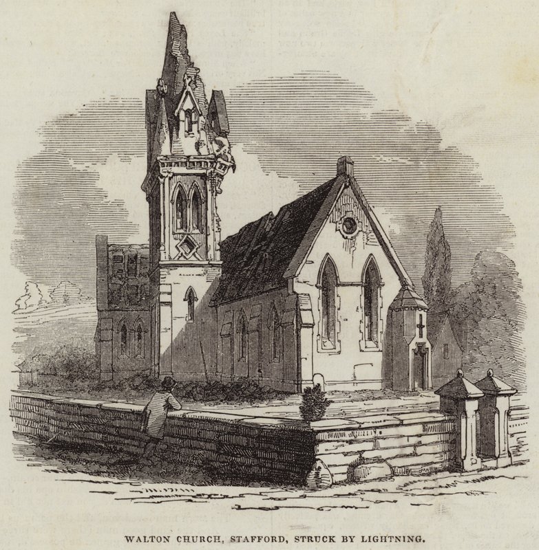 Walton Church, Stafford, träffad av blixten (gravyr) av English School