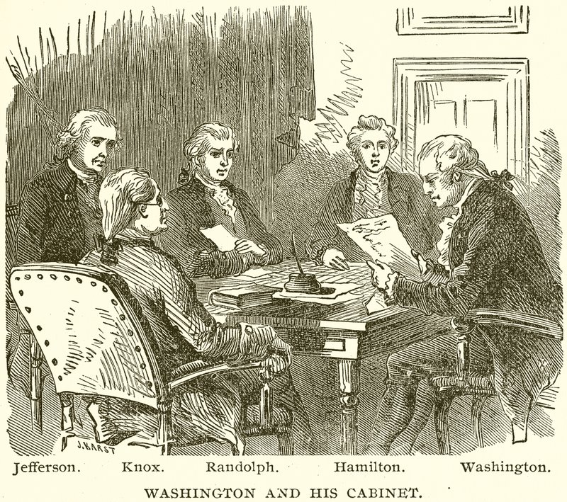 Washington och hans kabinett. Jefferson. Knox. Randolph. Hamilton. Washington av English School