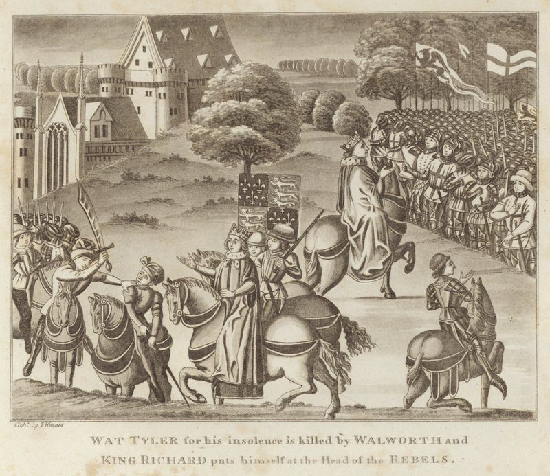 Wat Tyler för sin oförskämdhet dödas av Walworth och kung Richard sätter sig själv i spetsen för rebellerna av English School