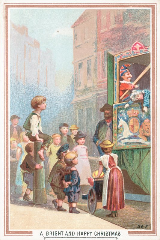 Tittar på en Punch and Judy Show, julkort av English School