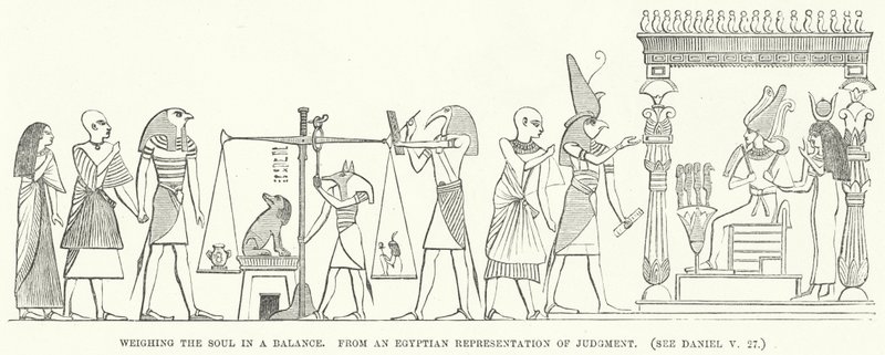 Att väga själen i en våg, från en egyptisk representation av dom (gravyr) av English School