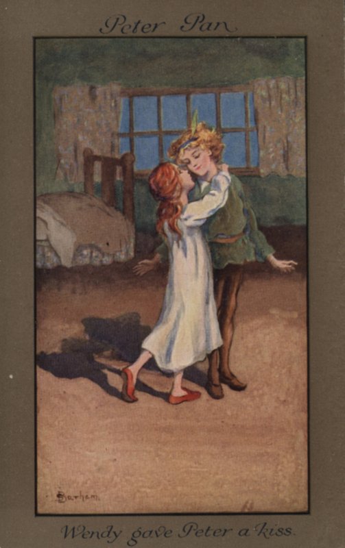 Wendy ger Peter Pan en kyss (färg litho) av English School