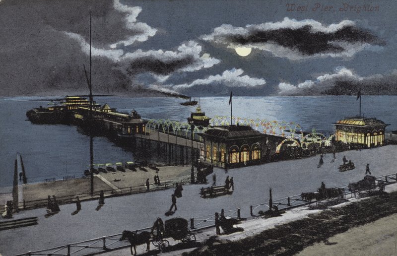West Pier, Brighton, Sussex (färglitografi) av English School