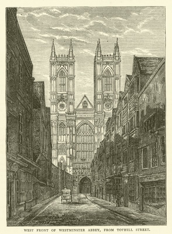 Västra fronten av Westminster Abbey, från Tothill Street (gravyr) av English School