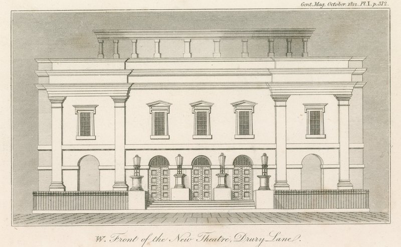 Västra framsidan av den nya Drury Lane Theatre, London av English School