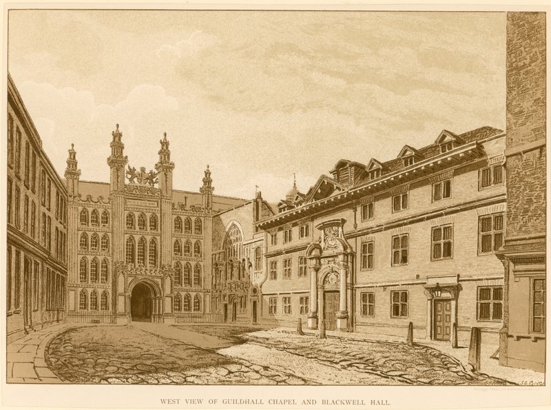 Väster utsikt över Guildhall Chapel, London och Blackwell Hall av English School