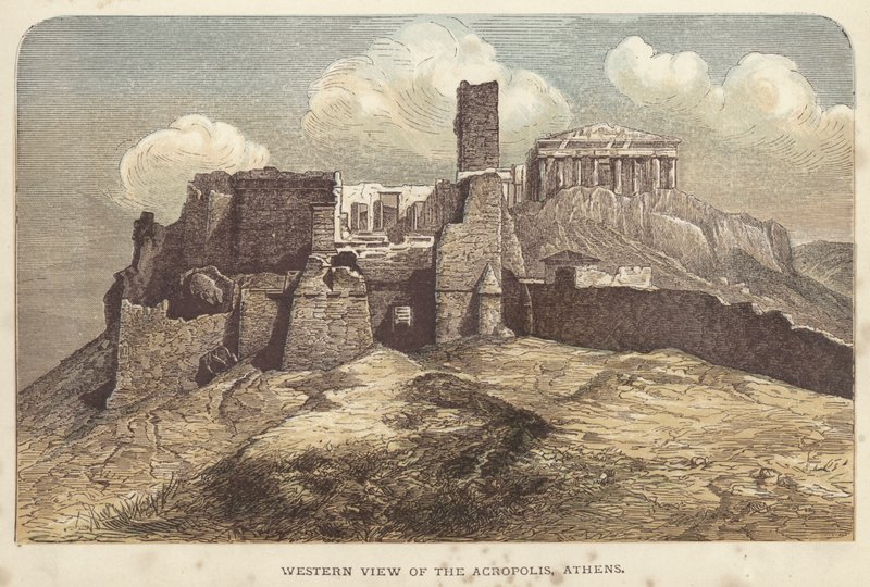 Western View of Akropolis, Aten (färgad gravyr) av English School