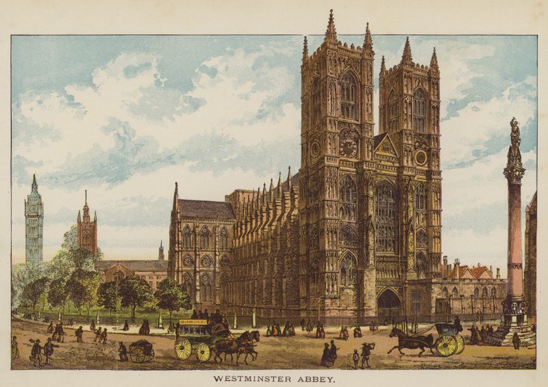 Westminster Abbey (färgad gravyr) av English School